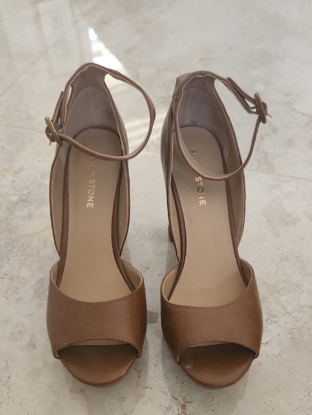 Sole + Stone Tan Ankle-Strap Block Heels